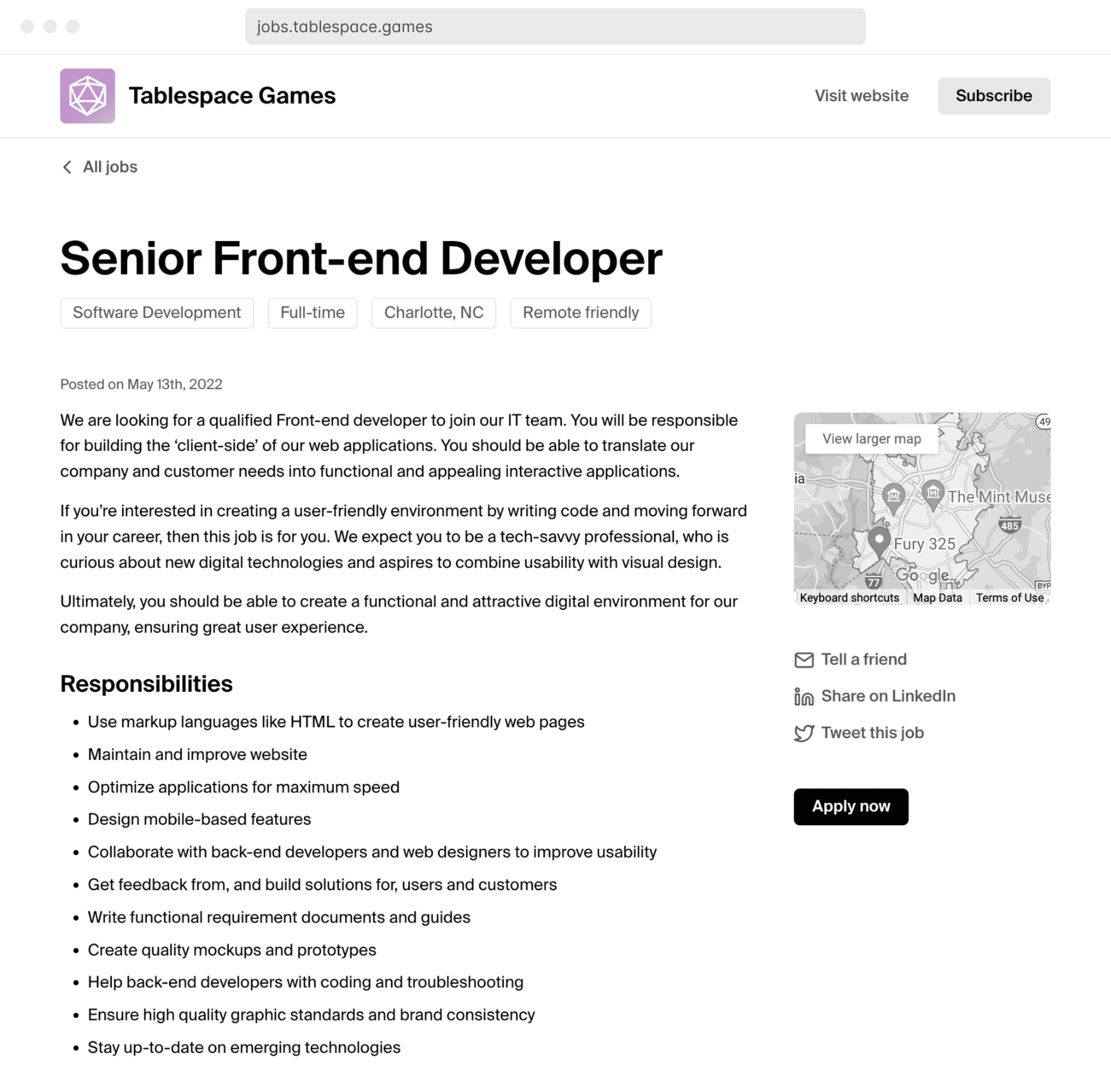 An image of a job post in from a Polymer job board
