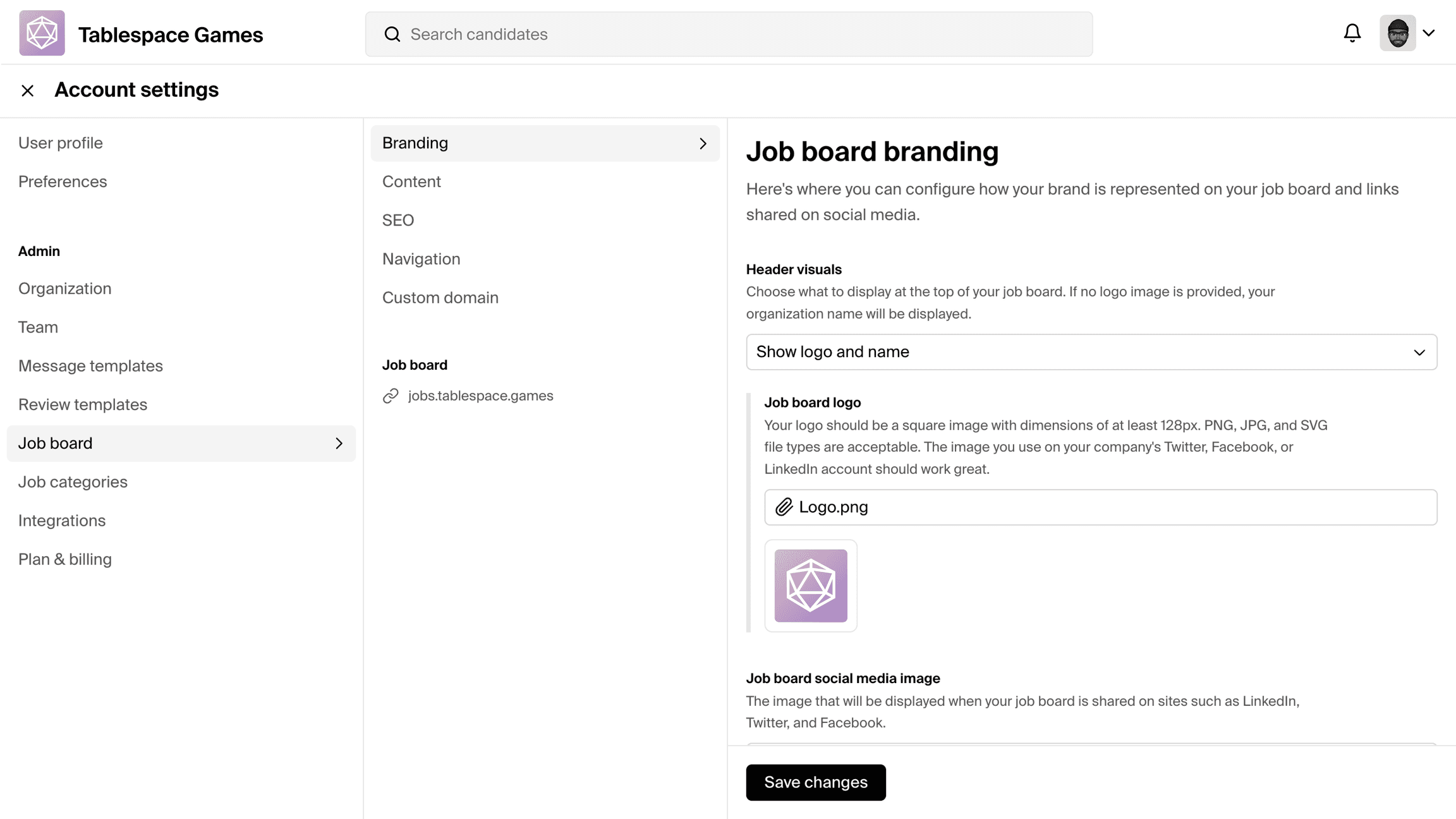 A screenshot of the account settings screen in Polymer